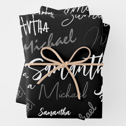 Feuille De Papier Cadeau Deux noms couple motif monogramme noir gris blanc (En situation)