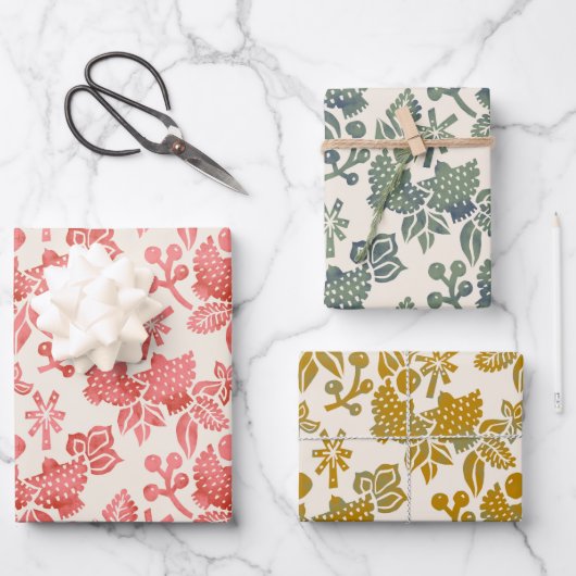 Feuille De Papier Cadeau Deux tourterelles en rose, vert et moutarde (Recto)