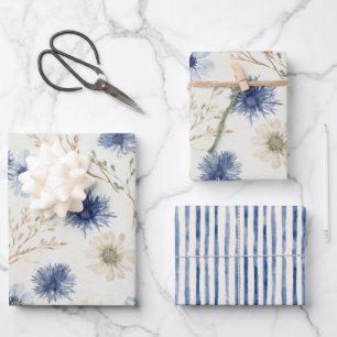 Feuille De Papier Cadeau Déversoir de mariage floral rayures bleu blanc