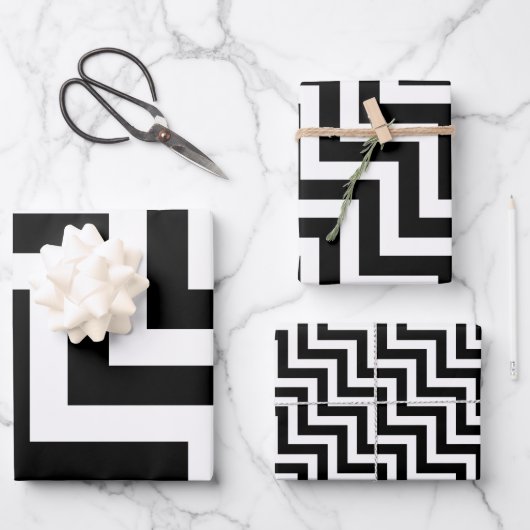 Feuille De Papier Cadeau Diagonale Chevron noir et blanc de tailles différe (Recto)