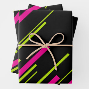 Feuille De Papier Cadeau Diagonales en vert citron, rose et noir