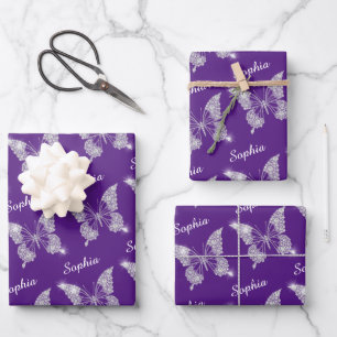 Feuille De Papier Cadeau Diamants blancs Papillon Nom étincelant Royal Purp