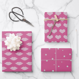 Feuille De Papier Cadeau Diamants de verre rose Lèvres et Coeurs