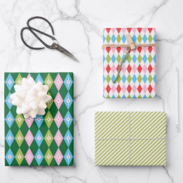 Feuille De Papier Cadeau Diamants rétros Couleurs de Noël Vert, Rouge et Bl
