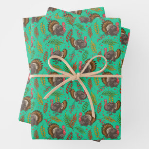 Feuille De Papier Cadeau Dindon glouglouteur dans le motif de la forêt