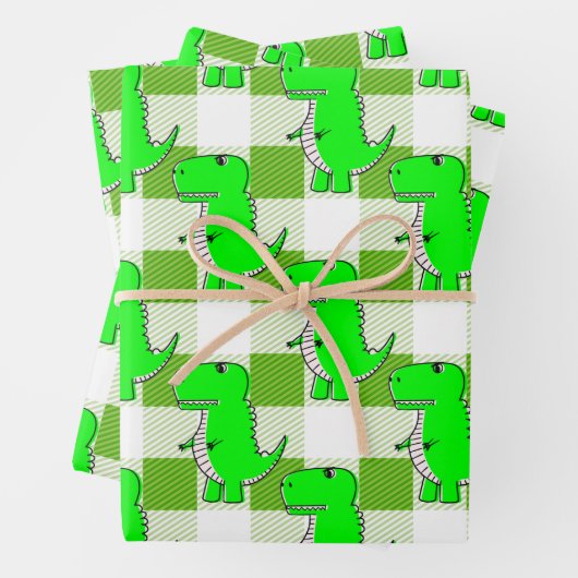 Feuille De Papier Cadeau Dino Tartan vert et blanc Plaid Motif (En situation)