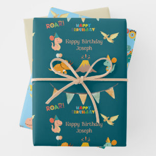Feuille De Papier Cadeau Dinosaur Anniversaire Thème - Personnalisé Nom & P