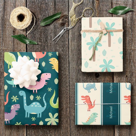 Feuille De Papier Cadeau Dinosaur Motif Blue Monogrammed Kid Boy Party