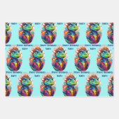 Feuille De Papier Cadeau Dinosaur Tough Kid Ajouter Nom 3 Anniversaire (Devant)