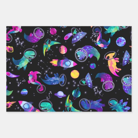 Feuille De Papier Cadeau Dinosaure Astronauts Aquarelle Espace Dino Anniver (Devant 2)