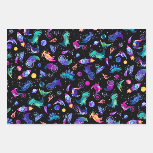 Feuille De Papier Cadeau Dinosaure Astronauts Aquarelle Espace Dino Anniver (Devant)