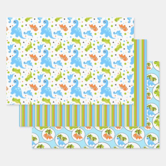 Feuille De Papier Cadeau Dinosaure de coordination verte, orange, bleu (Lot)