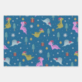 Feuille De Papier Cadeau Dinosaure de Noël bleu (Devant 3)