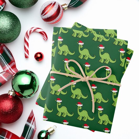 Feuille De Papier Cadeau Dinosaure de Noël pour les petits Père Noël Green