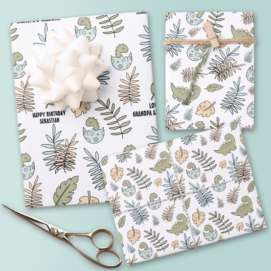 Feuille De Papier Cadeau Dinosaure Dinosaure bleu vert Nom du garçon