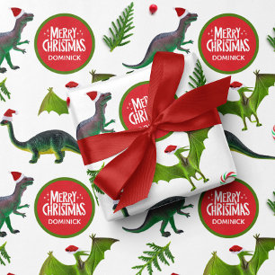 Feuille De Papier Cadeau Dinosaure Nom personnalisé Noël