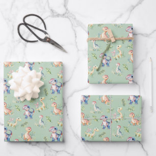 Feuille De Papier Cadeau Dinosaures aquarelle sur Sage Green
