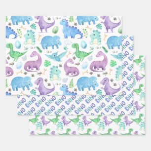 Feuille De Papier Cadeau Dinosaures bleu violet vert pour enfants