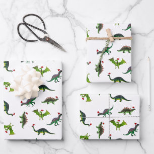 Feuille De Papier Cadeau Dinosaures dans chapeaux du Père Noël Envelopper l