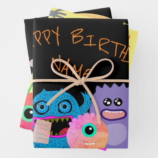 Feuille De Papier Cadeau do-it-yourself NOM PERSONNALISÉ HAPPY MONSTER CADE (En situation)
