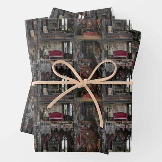 Feuille De Papier Cadeau Dollshouse victorienne gothique hantée avec poupée (En situation)