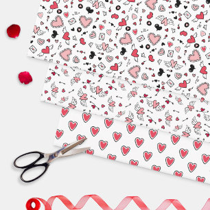 Feuille De Papier Cadeau Doodled Pink Heart Motifs Love Valentine's Day