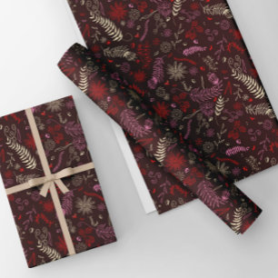 Feuille De Papier Cadeau Doodles floraux roses et ivoire en marron.