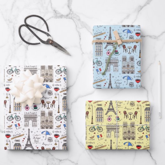 Feuille De Papier Cadeau Doodles Paris amusants - 3 couleurs (Recto)