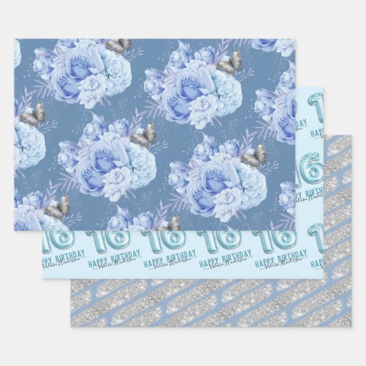 Feuille De Papier Cadeau Douce 16e anniversaire Fleur bleue (Lot)