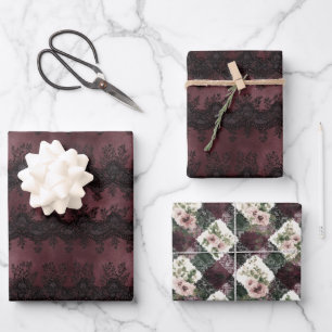 Feuille De Papier Cadeau Douce Mariée Fausse Dentelle Bourgon Rouge Noir