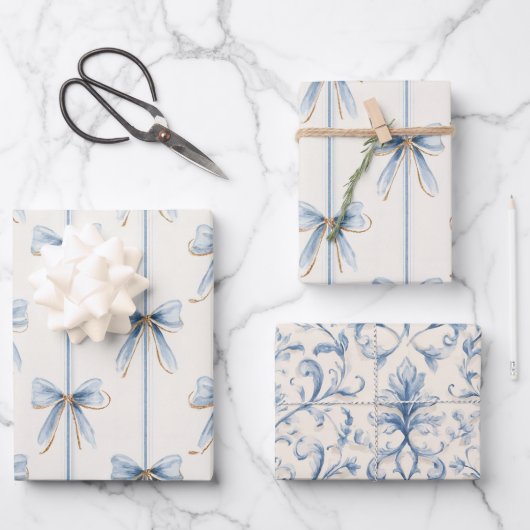 Feuille De Papier Cadeau Douce Mariée Rubans Bleus (Recto)