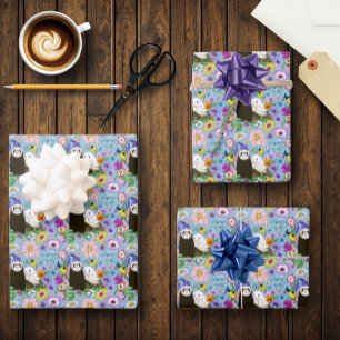 Feuille De Papier Cadeau Douce Paire de Furets Floraux Bleus Fantaisistes
