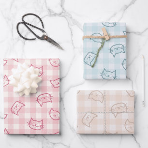 Feuille De Papier Cadeau Doux Pastel Jouer Main Tirée Chat Face En vichy