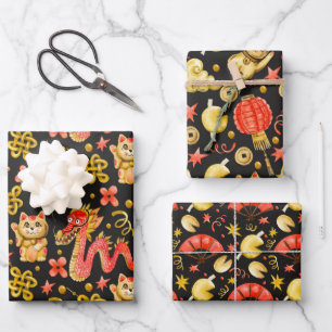 Feuille De Papier Cadeau Dragon & Chat qui agite la patte Nouvel An Chino