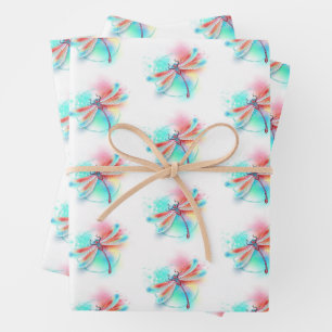 Feuille De Papier Cadeau Dragonfly rouge sur l'arrière - plan aquarelle