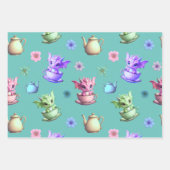 Feuille De Papier Cadeau Dragons de thé avec théières et fleurs (Devant 2)