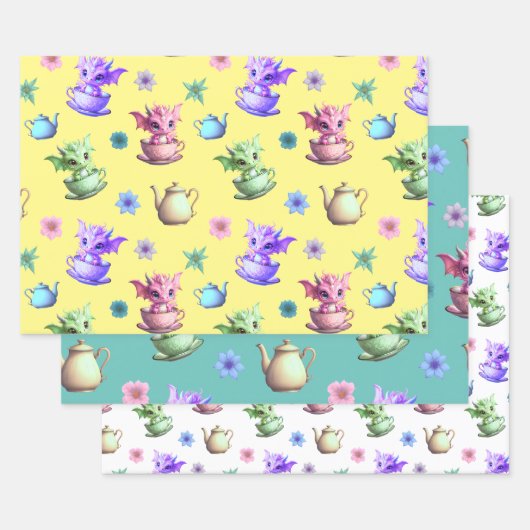 Feuille De Papier Cadeau Dragons de thé avec théières et fleurs (Lot)