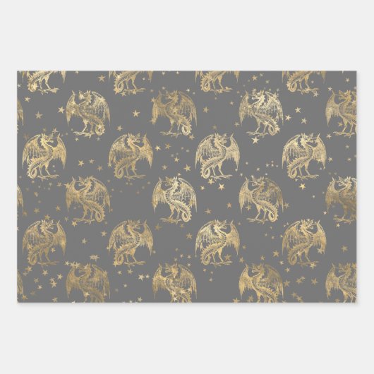 Feuille De Papier Cadeau Dragons d'or et étoiles (Devant)