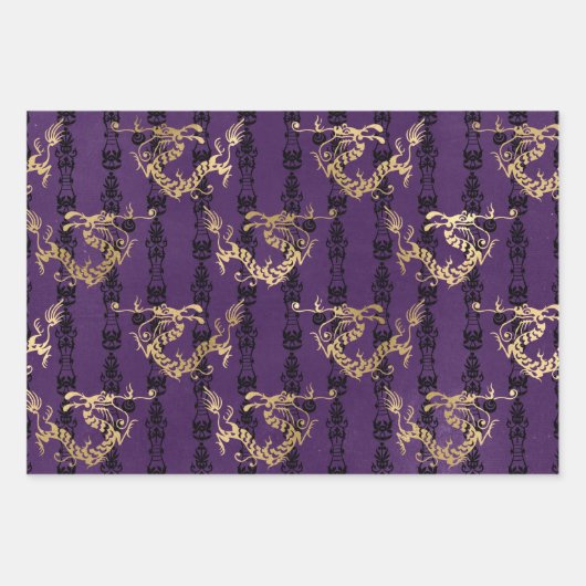 Feuille De Papier Cadeau Dragons d'or sur violet (Devant)