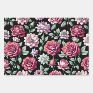 Feuille De Papier Cadeau Dramatique Roses Magenta et Rose Fleurs Sombres