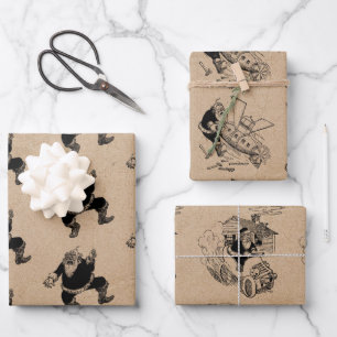 Feuille De Papier Cadeau Drôle Noël Retro Vintage Père Noël Kraft Motif