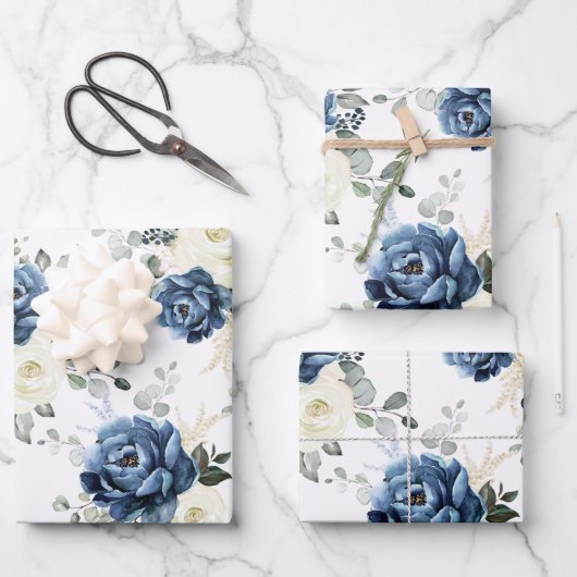 Feuille De Papier Cadeau Dusty Blue Navy Champagne Ivory Floral Mariage (Recto)