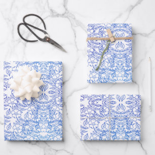 Feuille De Papier Cadeau Eau florale blanche et bleue élégante