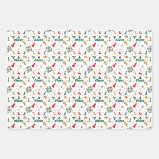 Feuille De Papier Cadeau Échecs de Noël - Pièces, Arbre, Holly, Rennes (Devant 2)