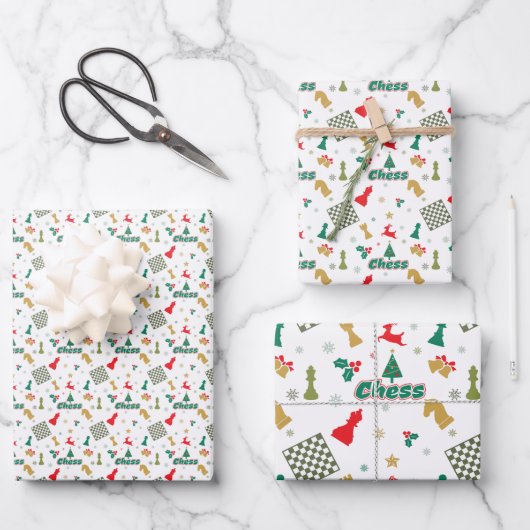 Feuille De Papier Cadeau Échecs de Noël - Pièces, Arbre, Holly, Rennes (Recto)