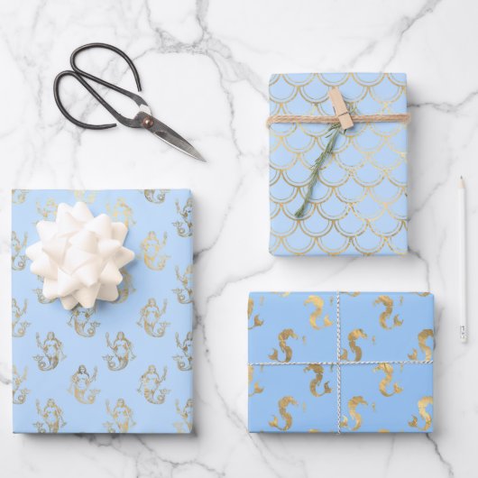 Feuille De Papier Cadeau Echelle de sirène bleu clair et or océan transpare (Recto)