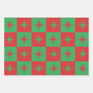 Feuille De Papier Cadeau Éclats de étoiles rétro Noël rouge-vert à carreaux