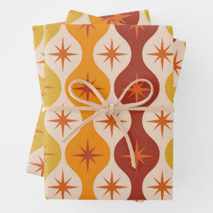 Feuille De Papier Cadeau Éclats d'étoiles orange du milieu du siècle sur un