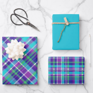 Feuille De Papier Cadeau Écossais violet, fuchsia, aqua, vert, bleu et blan