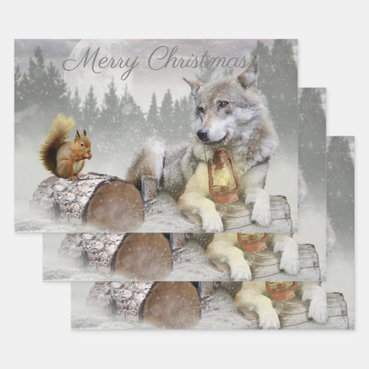 Feuille De Papier Cadeau Écureuil du loup mignon hiver Forêt de neige Noël (Lot)